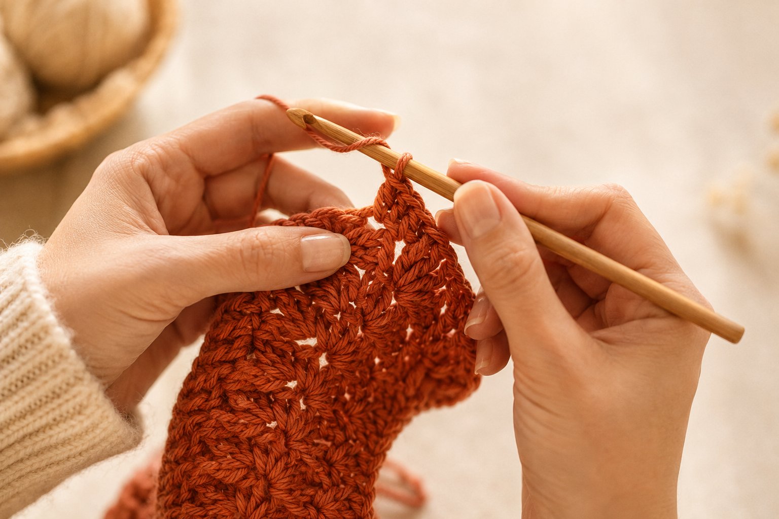 Manos crochetando con aguja de bambú